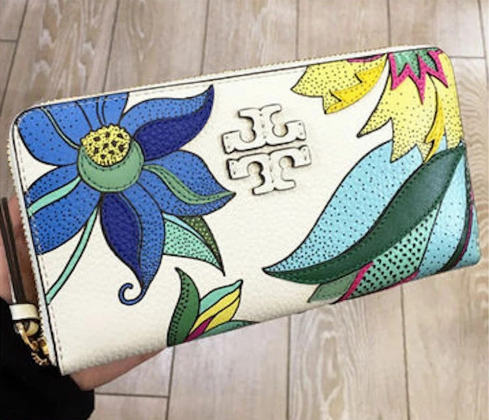 Tory Burch Thea Applique Continental Leather Wallet White Floral Zip Purse NEW